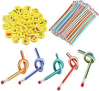 Xndryan Soft Flexible Bendy Pencils, 62 Pcs Twist Bendy Pencils and Smiley Rubber Erasers, Ideal for Kids Party Bag Fillers, Birthday Gifts, Classroom Prizes, Stress Relief Toy