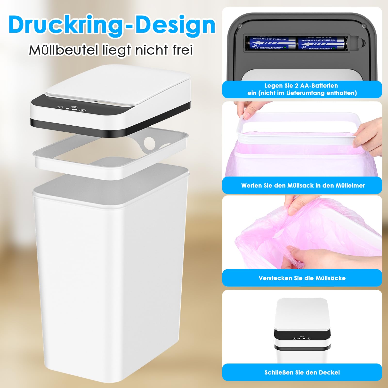 Dreamhigh 2er Set Mülleimer Mit Sensor, 12L Elektrischer Mülleimer Mit Automatischem Deckel, Smart Mülleimer Mit 3 Öffnungsmodi, Leise & Wasserdicht Für Küche, Bad, Büro, Wohnzimmer (Weiß)