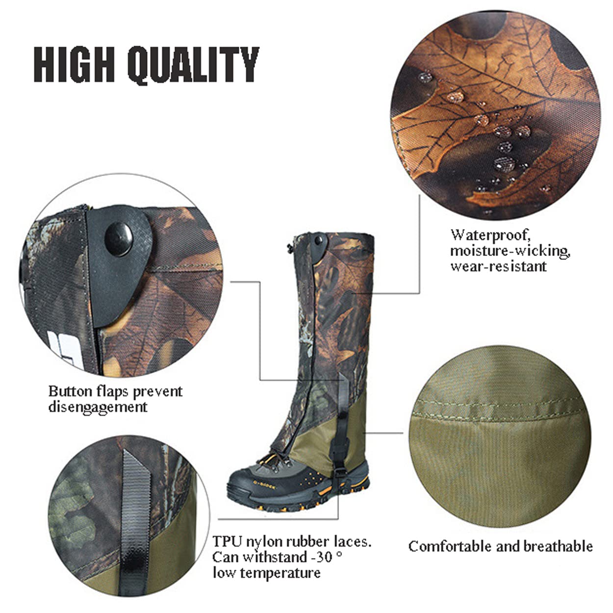 LANGWEI Guêtres De Jambe Camo, Guêtres De Botte De Neige Imperméables, Guêtres De Serpent Anti-Déchirure pour Hommes Femmes Chasse Camping Marche Escalade Ski