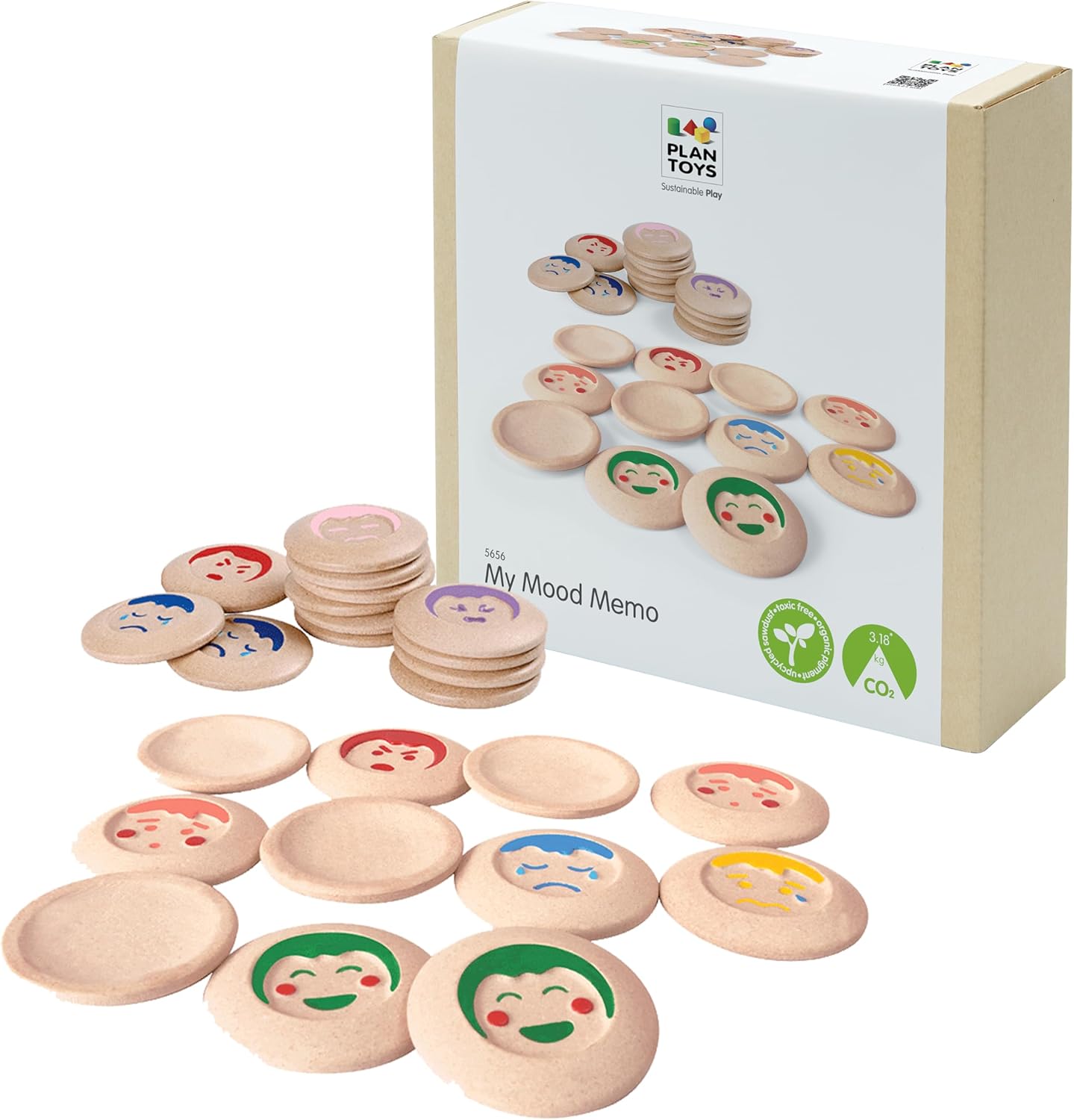 PlanToys® My Mood Memo Wooden Montessori Emotional Recognition and Matching Toy | Social Awareness, Memory Building and Visual Learning Activity | Eco Friendly Educational Feelings Set