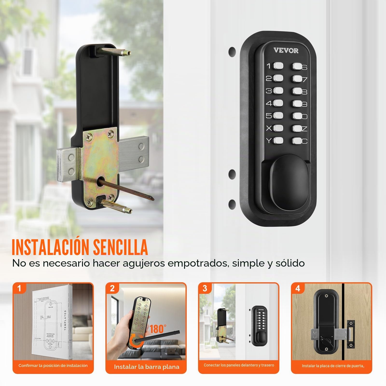 VEVOR Cerradura de Puerta Mecánica sin Llave Teclado de 14 Teclas Cerradura de Código Manija de Puerta de Entrada Exterior de Aleación de Zinc Fácil Instalación para Puertas Espesor de 35-65 mm
