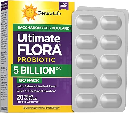 Renew Life Ultimate Flora Saccharomyces Boulardii Probióticos  5 mil millones de UFC  20 cápsulas veganas Go Pack  Ayuda a equilibrar la flora