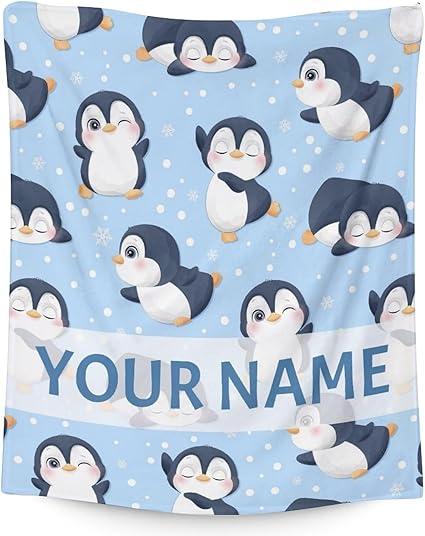 Custom Penguin Blankets with Name - Soft Warm Blanket Throw for Kids, Adults - 50"x60" Flannel Blankets for Bed, Couch, Sofa - Blue Cute Blanket Gifts