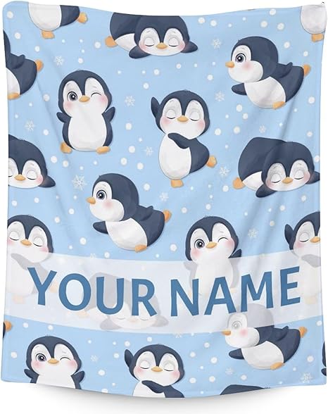 Custom Penguin Blankets with Name - Soft Warm Blanket Throw for Kids, Adults - 50"x60" Flannel Blankets for Bed, Couch, Sofa - Blue Cute Blanket Gifts