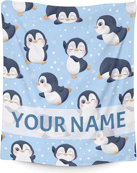 Custom Penguin Blankets with Name - Soft Warm Blanket Throw for Kids, Adults - 50"x60" Flannel Blankets for Bed, Couch, Sofa - Blue Cute Blanket Gifts