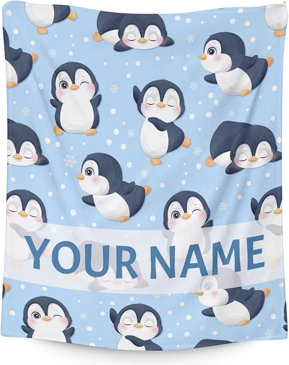 Custom Penguin Blankets with Name - Soft Warm Blanket Throw for Kids, Adults - 50"x60" Flannel Blankets for Bed, Couch, Sofa - Blue Cute Blanket Gifts