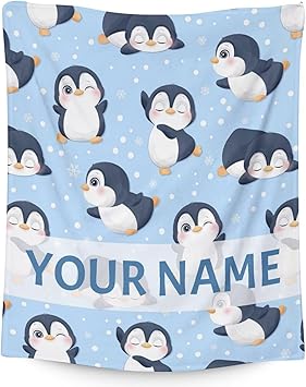 Custom Penguin Blankets with Name - Soft Warm Blanket Throw for Kids, Adults - 50"x60" Flannel Blankets for Bed, Couch, Sofa - Blue Cute Blanket Gifts