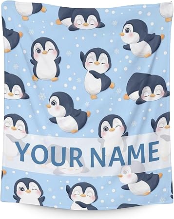 Custom Penguin Blankets with Name - Soft Warm Blanket Throw for Kids, Adults - 50"x60" Flannel Blankets for Bed, Couch, Sofa - Blue Cute Blanket Gifts