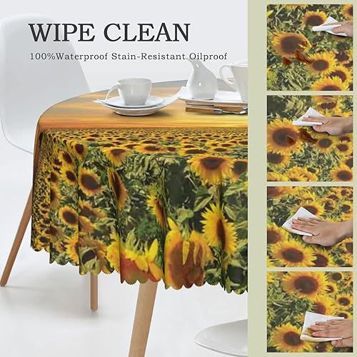 Miniatura 4 de Mantel redondo con estampado de girasol, lavable, resistente al agua, a prueba de derrames, lavable, reutilizable, para comedor, cocina, decoración
