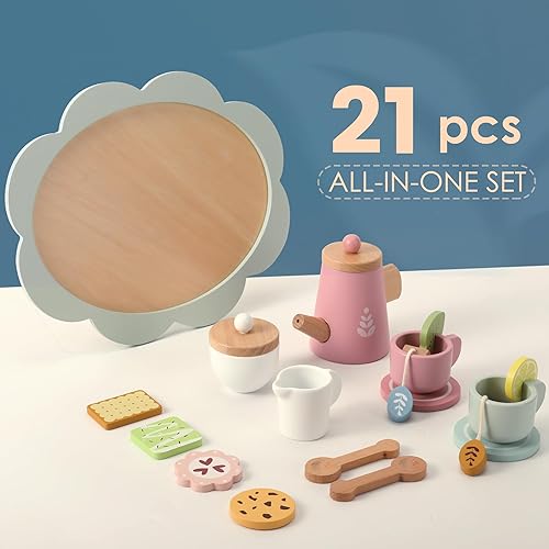 Miniatura 7 de Juego de té de madera para niñas pequeñas, juego de fiesta de té, juego de madera accesorios de cocina, juguetes para 1, 2, 3 años, 21 unidades