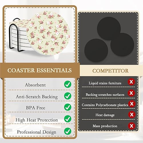 Miniatura 5 de Posavasos para bebidas, 6 piezas, diseño de flores Shabby Chic con soporte de almacenamiento, juego de posavasos de cerámica duradero para bebidas