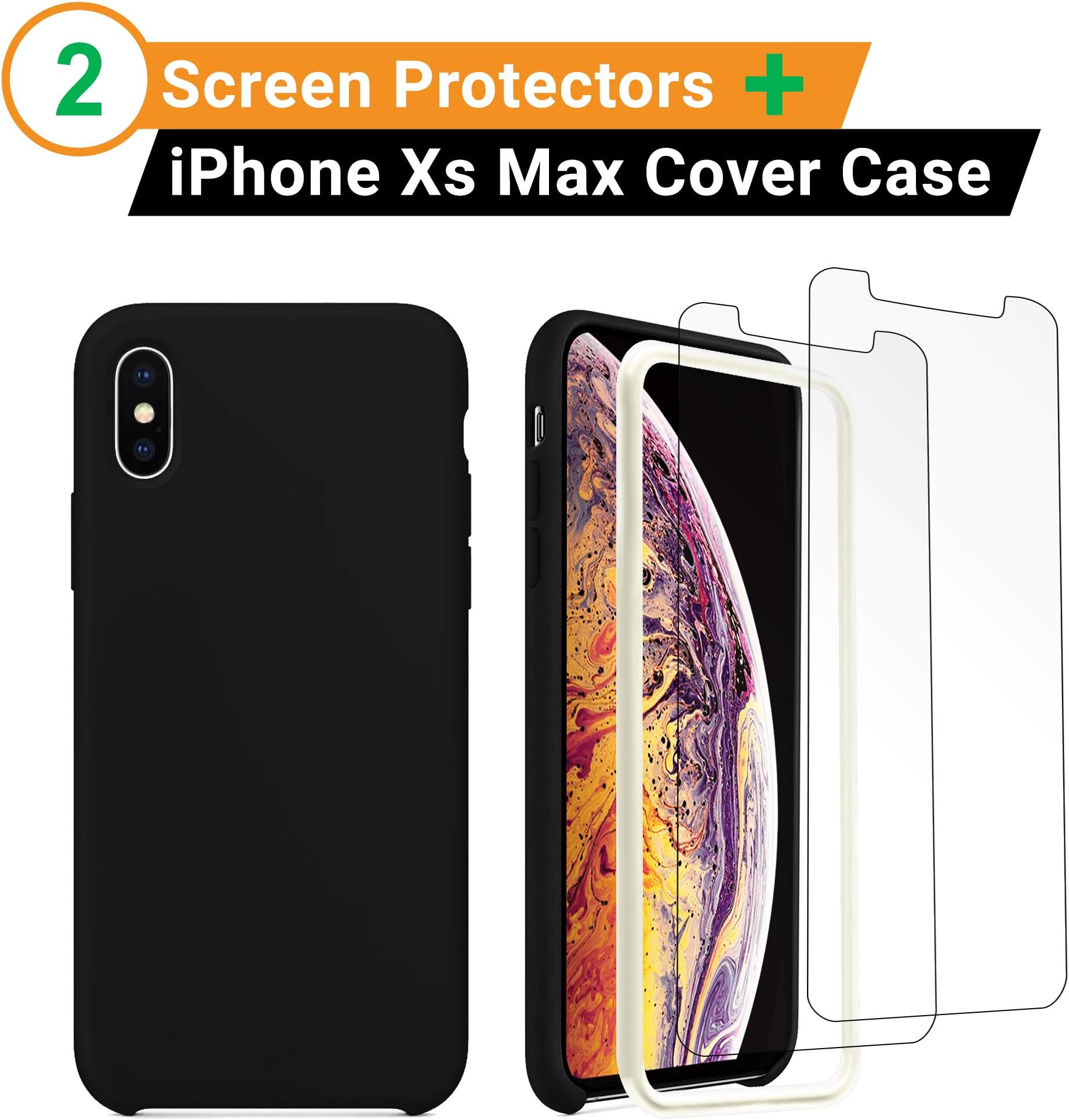 iPhone Xs Max Case (6.5 inches) Liquid Silicone Case Gel Rubber Soft Microfiber Cloth Case for iPhone Xs Max Full Protective Cover 2018 Released iPhone Xs Max Screen Protector (2 Pack) (Bonus)