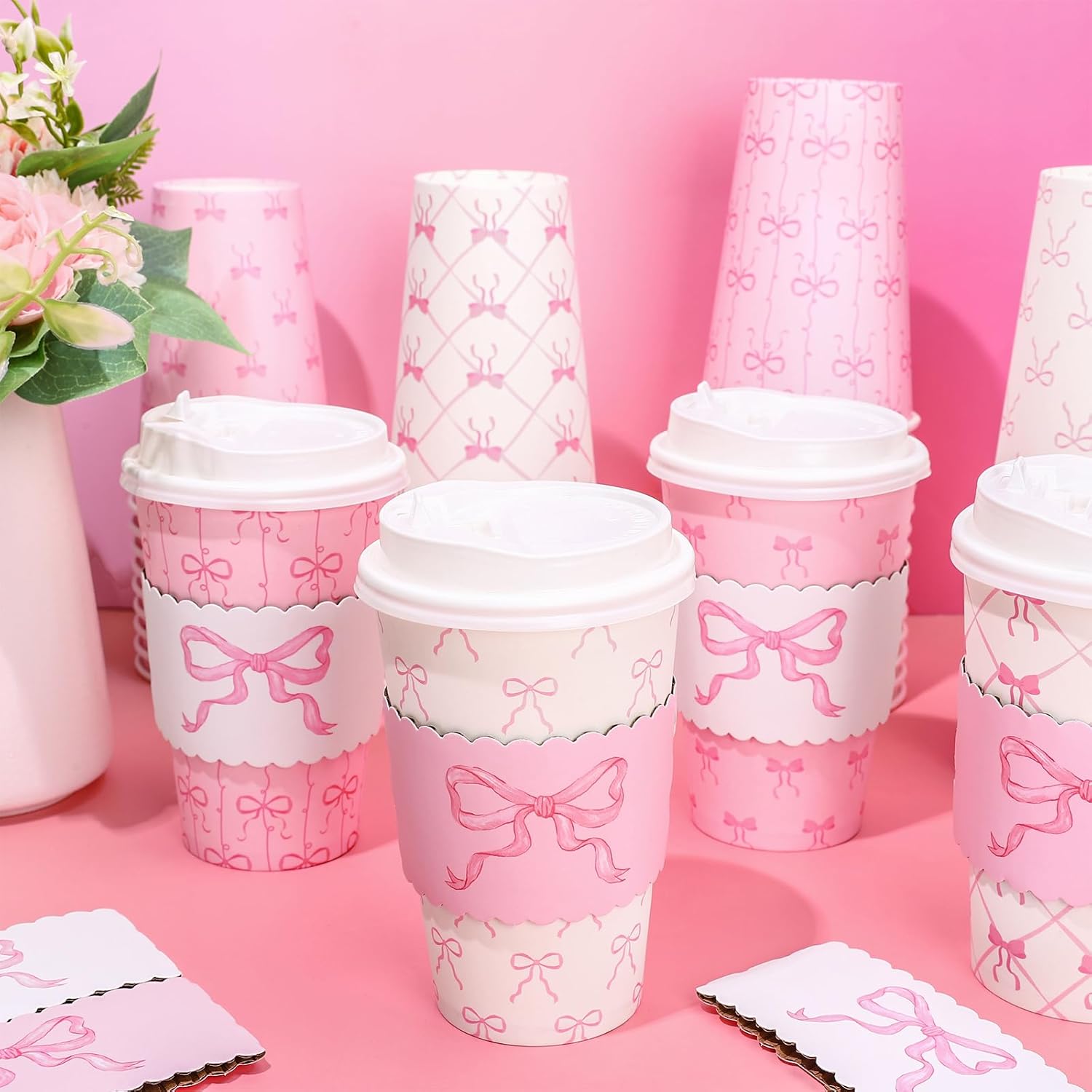 48 Set Pink Bow Coquette Disposable Paper Cups with Lids and Sleeves 16Oz Cute Bowknot Coffee Cups for Hot Cold Drinks Mother's Day Wedding Birthday Baby Shower Bachelorette Party Supplies - Image 4