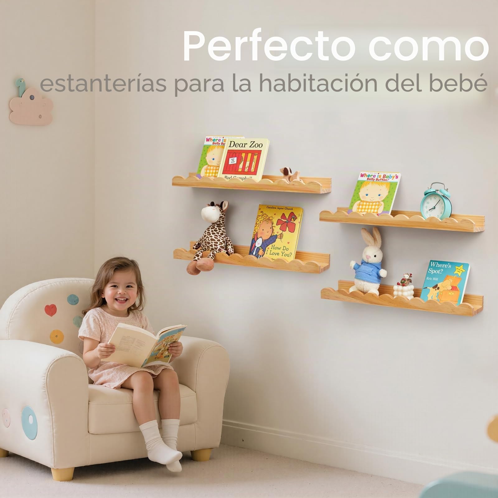 Gieanoo Estantes flotantes de guardería Juego de 2 estantes de Pared de Madera de Pino Macizo Natural de 40 cm para la habitación de los niños, la habitación de los niños pequeños, la habitación de