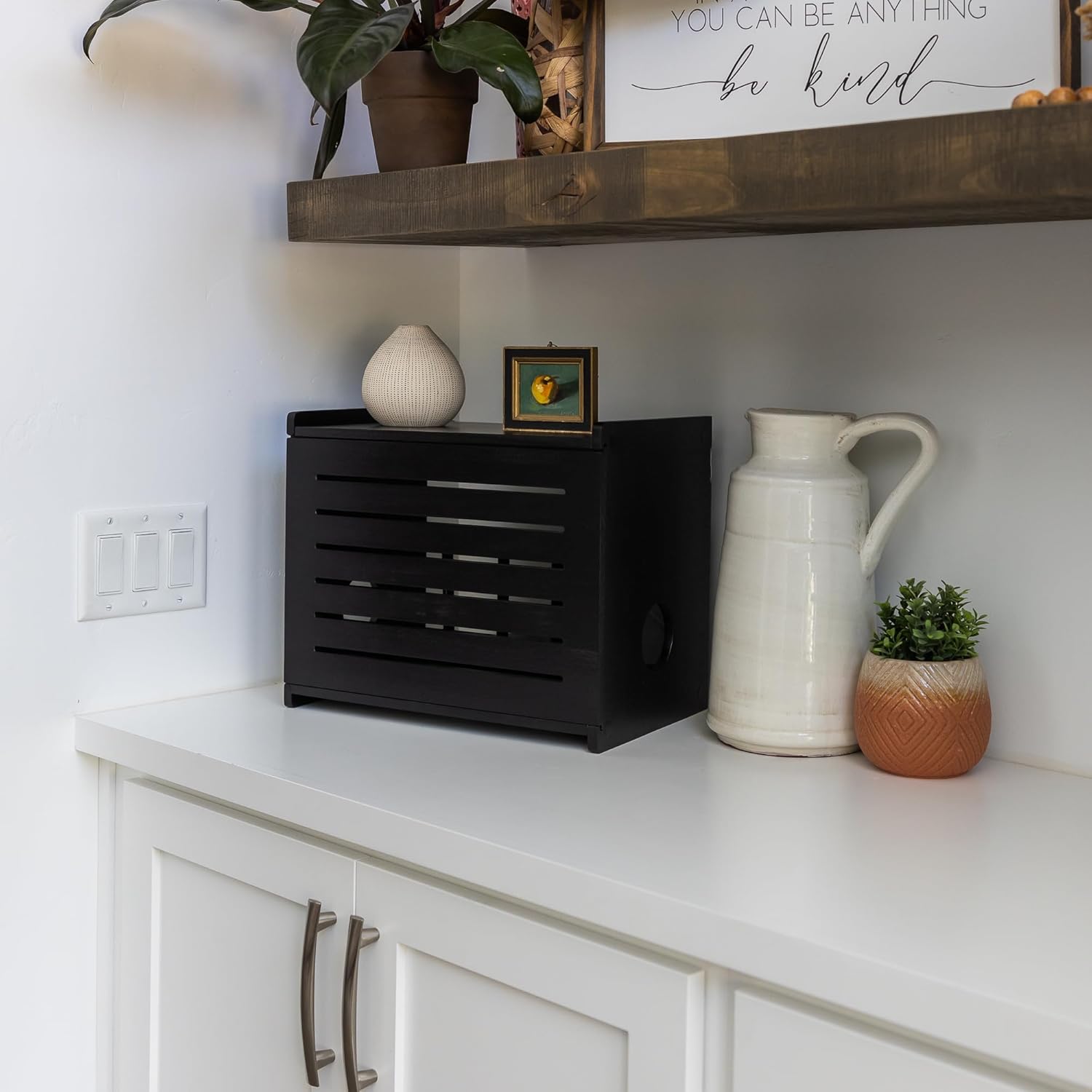 Wooden WiFi Router Storage Box - Deluxe Wall Mountable Decorative Modem Shelf Hider Cover with Cable Management System - Rustic Home Organization Solution for Most Routers Up to 11" Tall - Black
