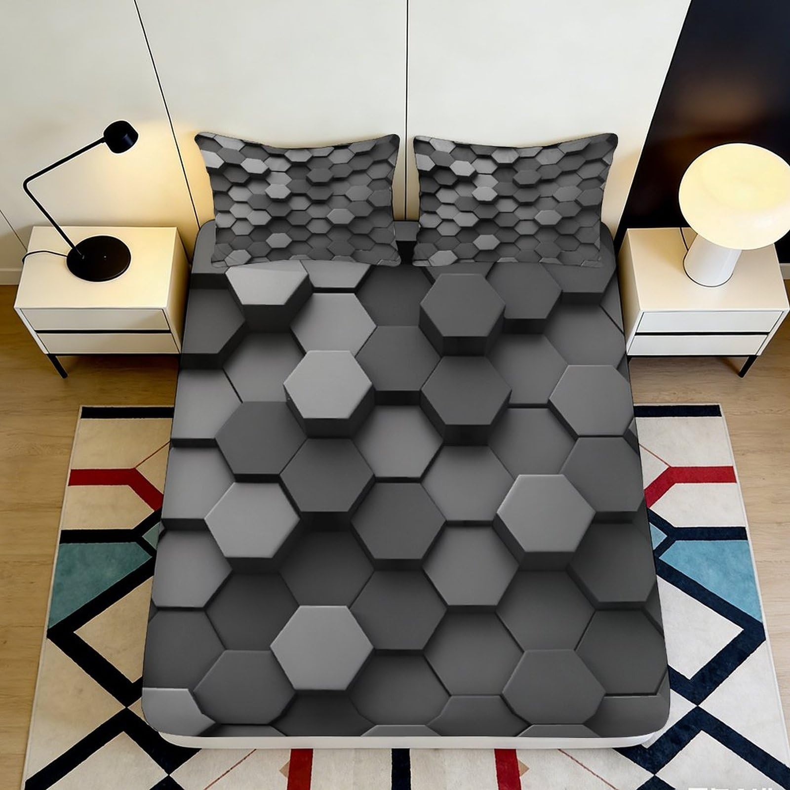 3D Printed Hexagon Geometric Fitted Sheet Microfiber Soft Breathable 3D Block Mattress Cover for Modern Bedroom Dorm Decor 160x200x25cm