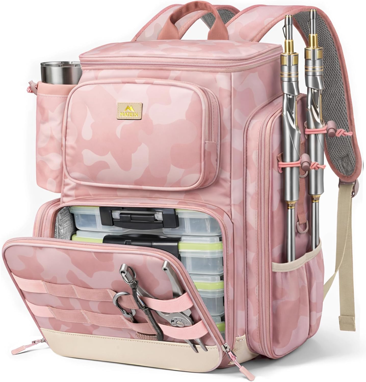 MATEIN Pro Pink Fishing Backpack for Women with 4 Tackle Boxes, Water Resistant 3600 Tackle Box Backpack with Rod Holders, Large Side Gear Storage, Cooler Compartment, Fishing Gifts for Women