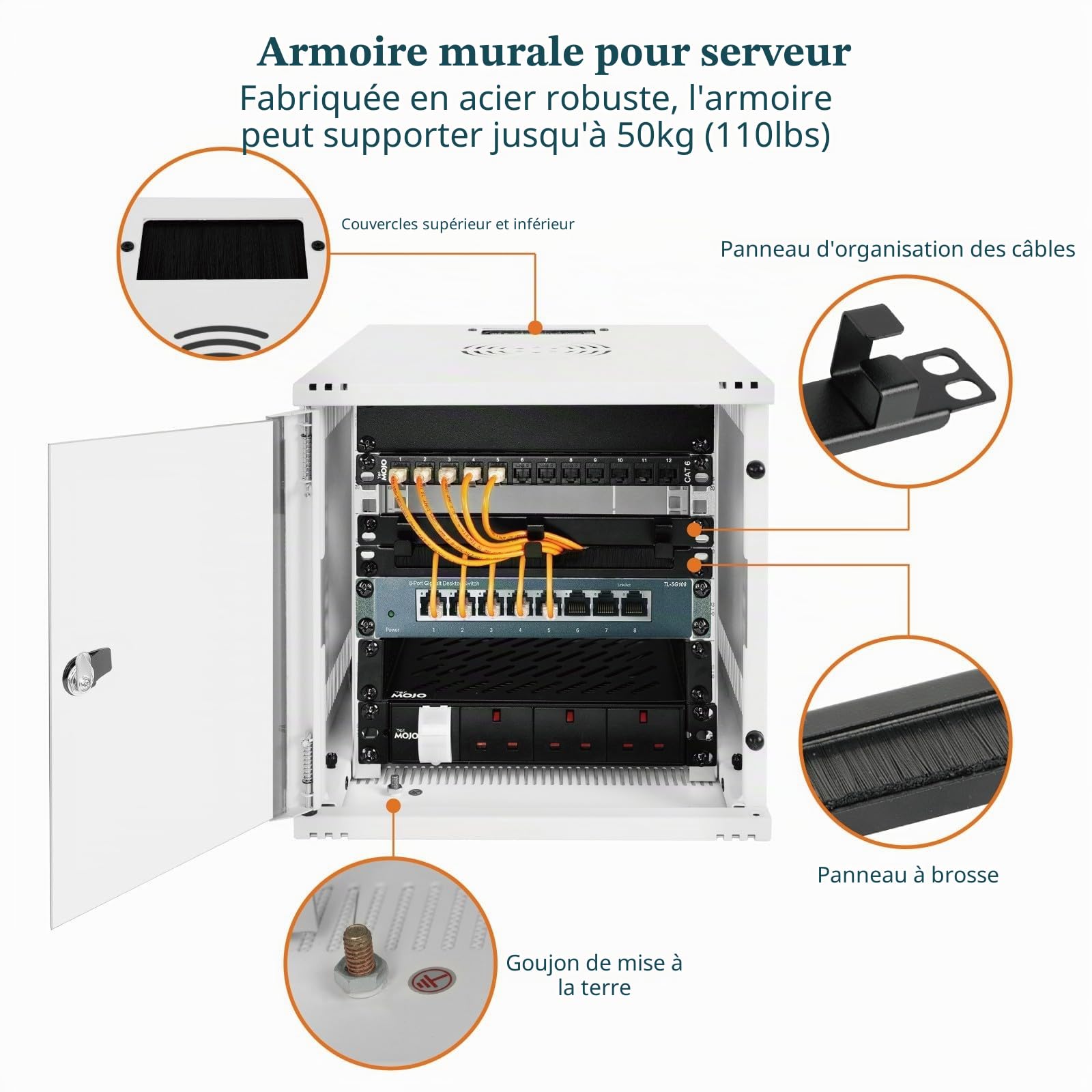 Tecmojo Rack réseau pour serveur 6U de 330 mm de profondeur 25,4 cm de large, armoire réseau avec étagère, panneaux brossés, organisateur de câbles pour petits appareils AV/IT/données, capacité de 50