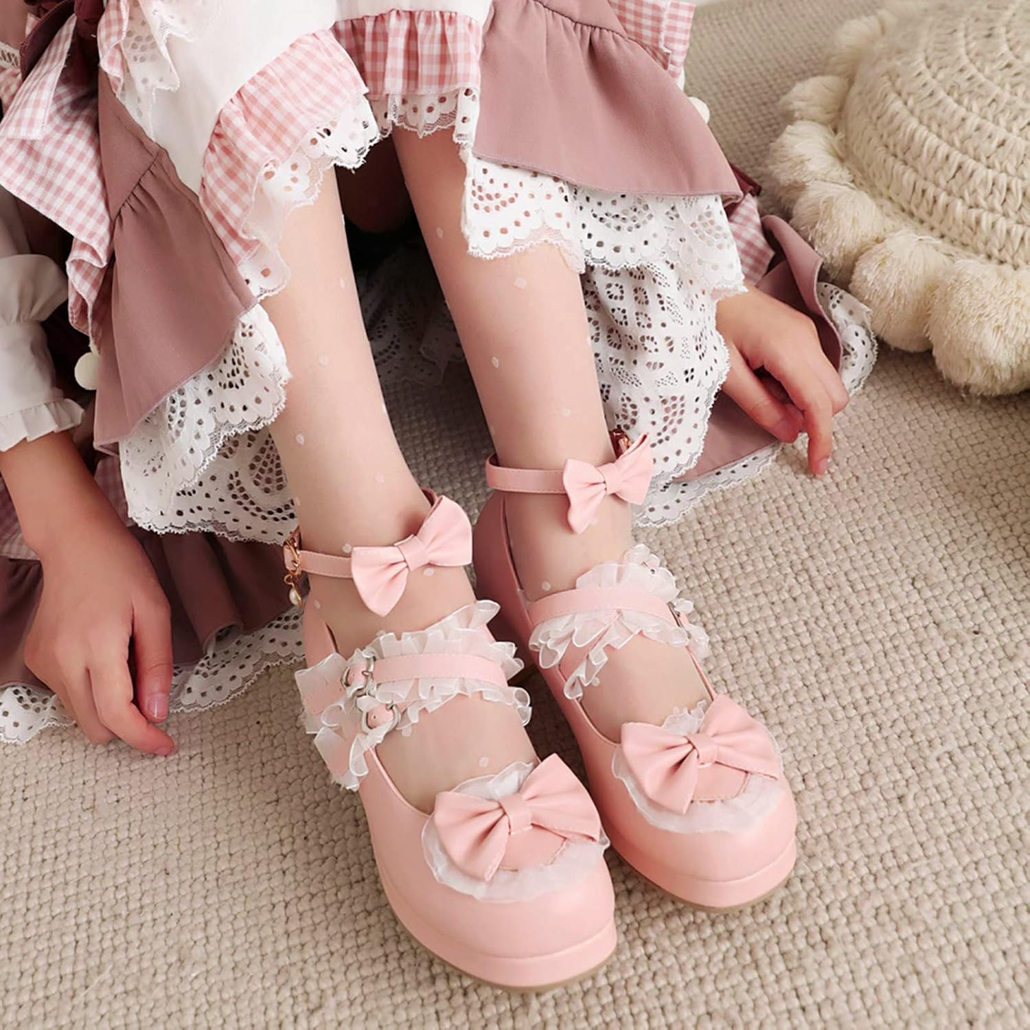 Women Cute Lolita Shoes Platform Mary Janes Kawaii Strappy Ankle Strap Sweet Pumps Lace Cross Tied Dress Pumps - Image 2