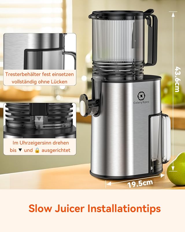 CelerySpec Slow Juicer Tesztgyőztes - 130 mm Adagolónyílás, 1,8L Tartály, Egész Gyümölcsökhöz, BPA-mentes, Rozsdamentes Acél, Fekete