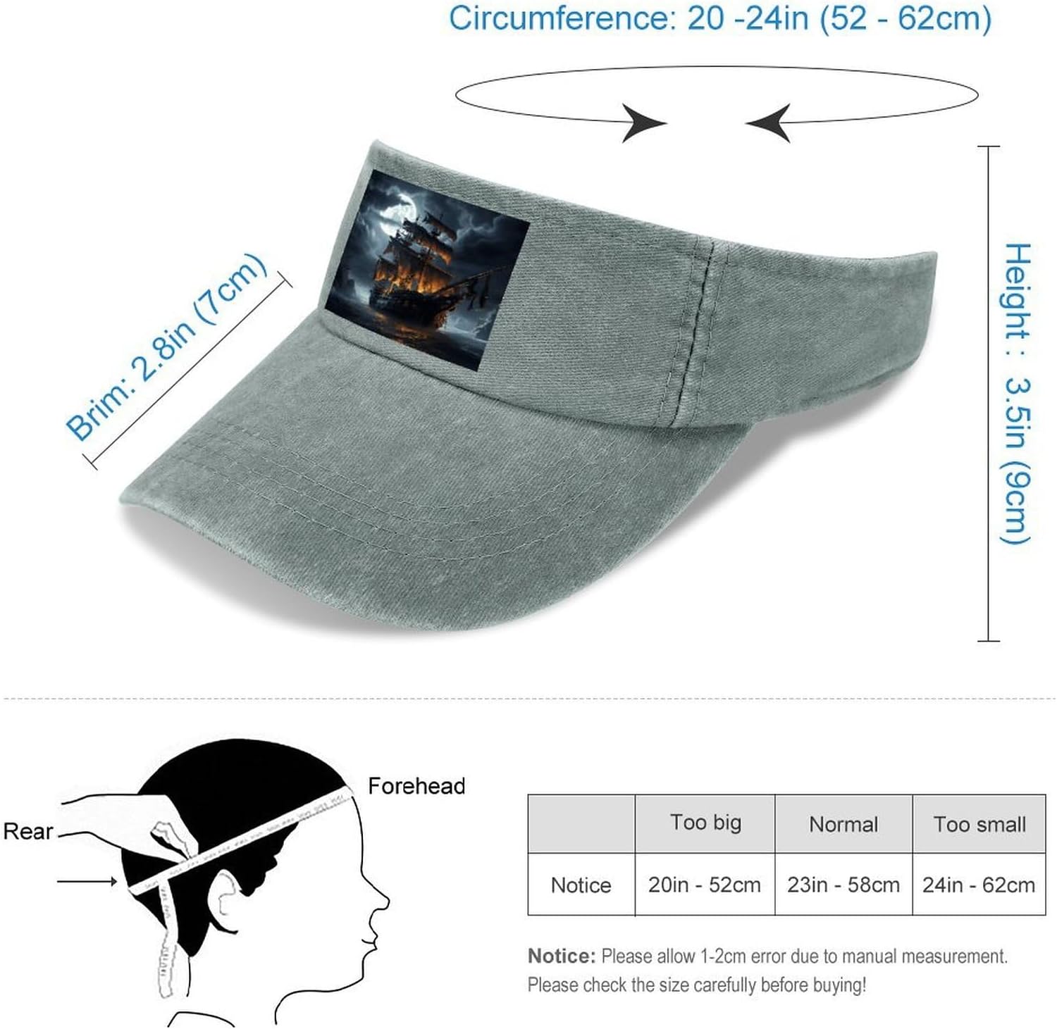 Pirate Sailboat Full Moon Sun Visor Hat for Men Women image 2