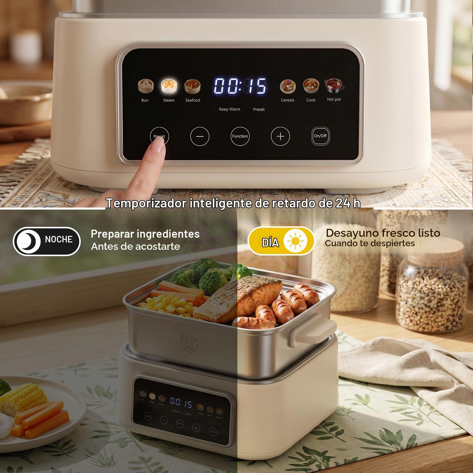 Fulgutonit 12.5L Vaporera Eléctrica de Acero Inoxidable 304 | 2 Niveles, 6 Programas Inteligentes, Temporizador de 24 Horas, Vaporera y Hot Pot 2 en 1, Cocina Multifunción