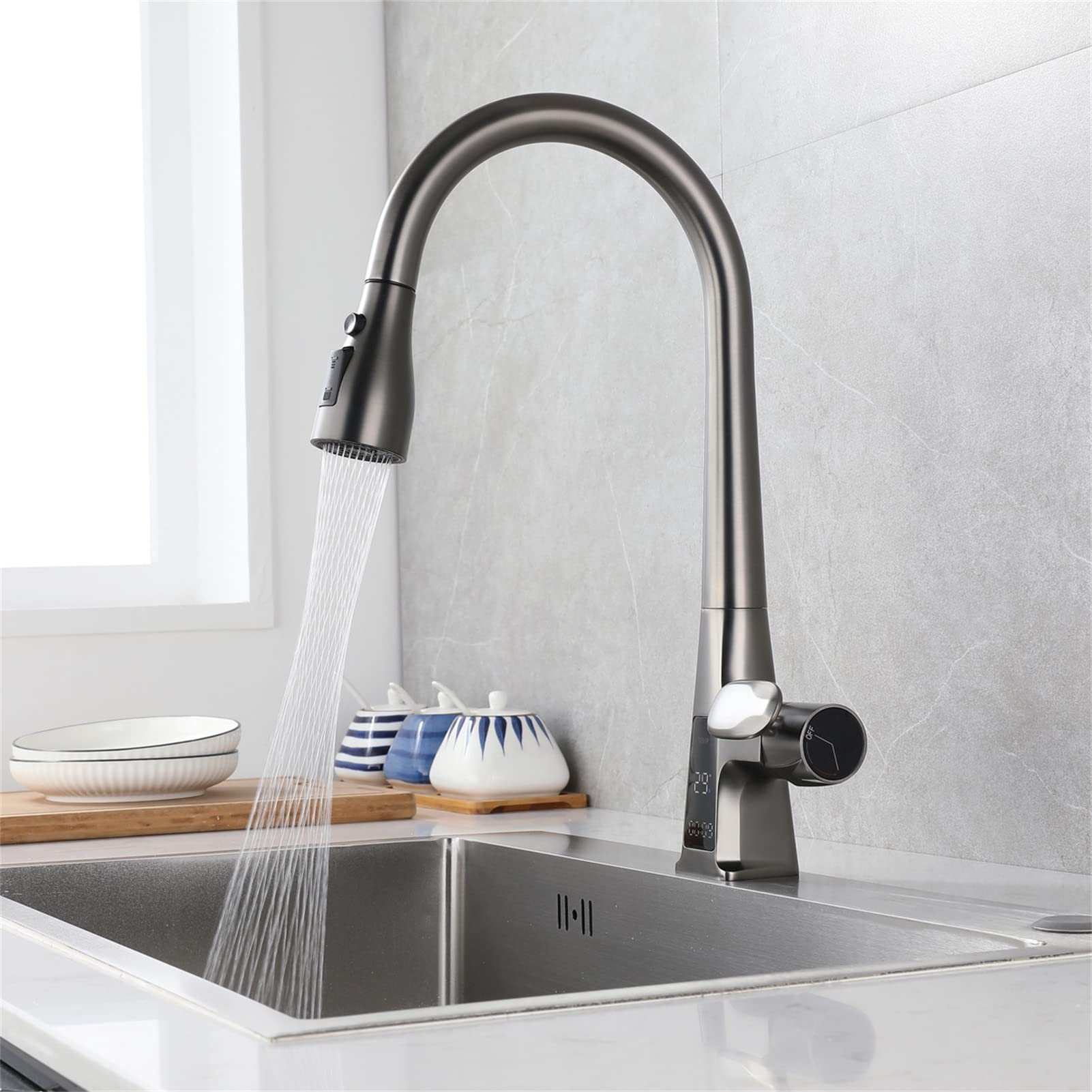Grifo de Cocina extraíble, Monomando, función Dual, con Sensor de Agua fría y Caliente, telescópico, Mezclador para Fregadero de Cocina
