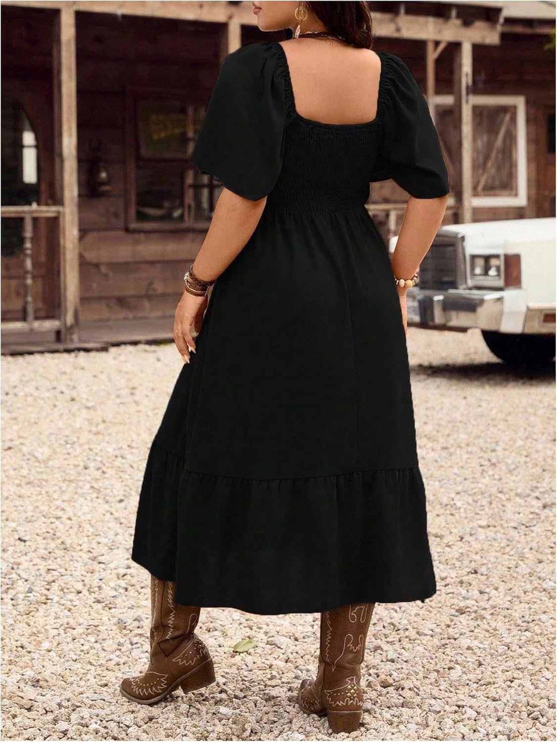 Women's Plus Size Western Cowgirl Dresses Flowy Boho Maxi Dress Floral Embroidered Ruffle Short Sleeve Country Outfit - Image 2