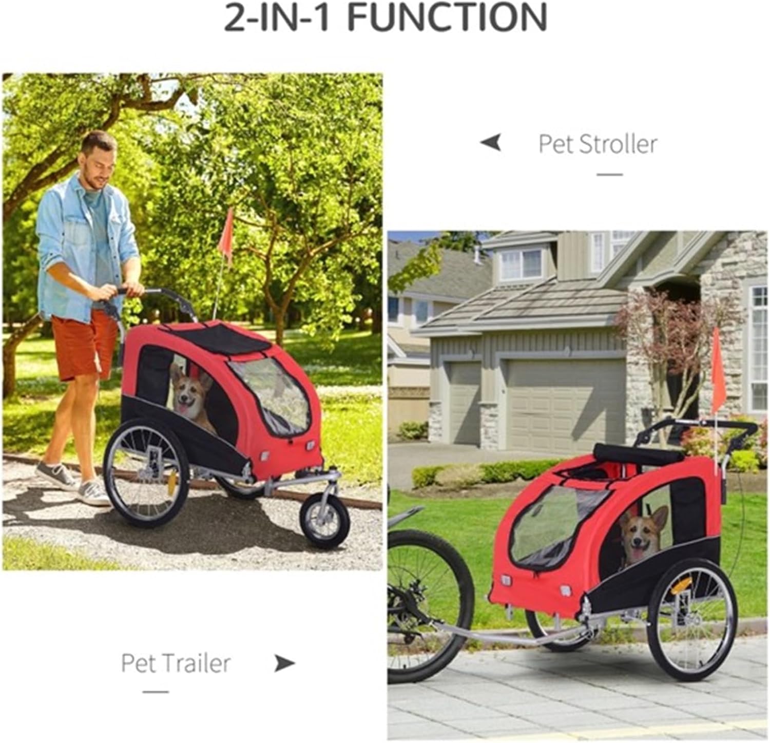 Red and Black 2 in 1 Dog Trailer or Dog Stroller, Dog cart with Weatherproof Cover, Small Animal Pull cart, Bicycle pet Attachment for Medium-Sized Dogs