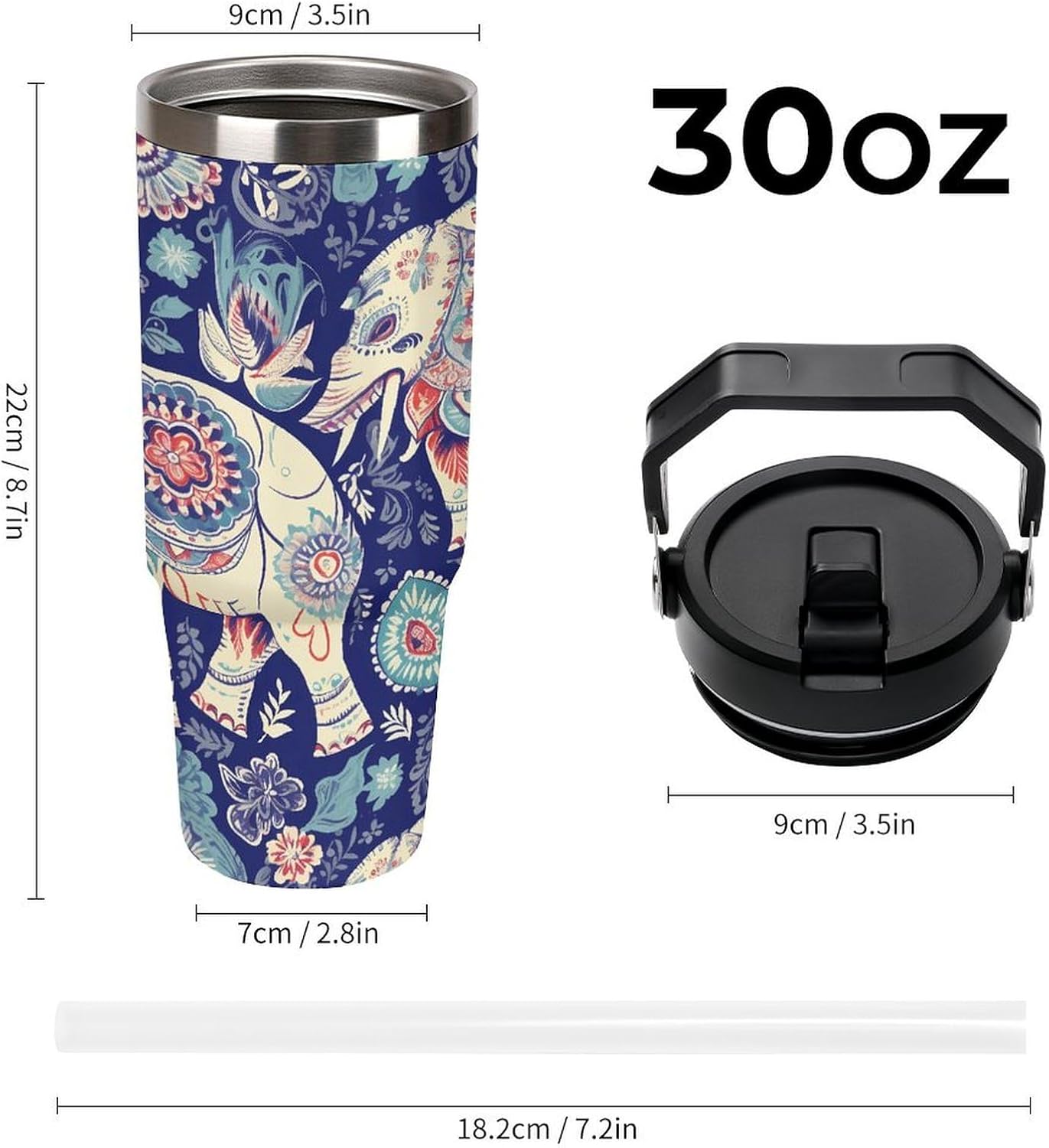 Boho Elephant Water Bottle 30 Oz Fits Car Cup Holder,Insulated Coffee Mug Large Capacity Car Cups,Stainless Steel Double Wall Sport Bottle for Travel Sports Gym