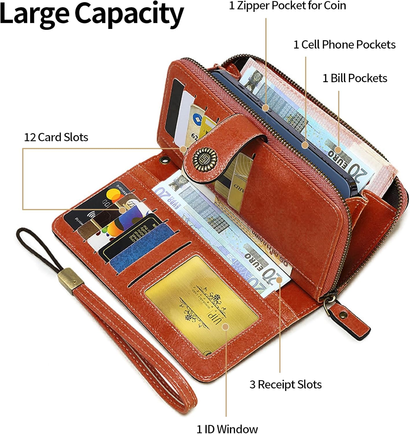 Womens Wallet Leather Billfold RFID Blocking Credit Card Holder Wristlet Wallets for Women Ladies Purses with Zipper Coin Pocket - Image 3