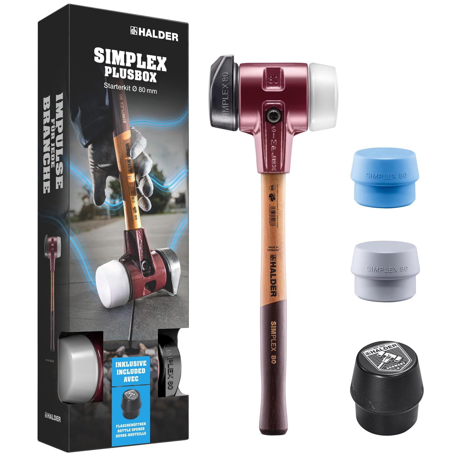 HALDER-Plusbox Starterkit, SIMPLEX-Schonhammer D80, Gummikomposition mit Standfuß/Superplastik sowie je ein TPE-soft und TPE-mid Schlageinsatz plus Flaschenöffner | 3027s025