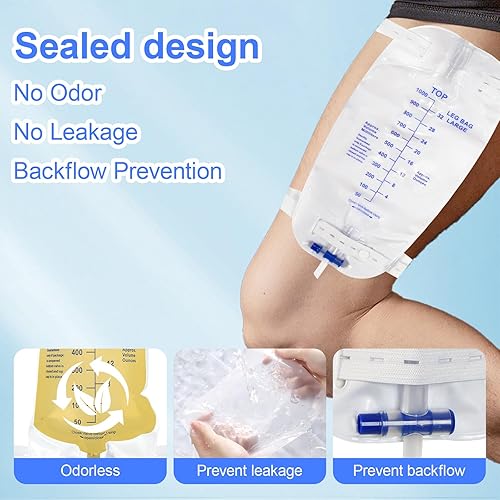Miniatura 5 de Paquete de 5 bolsas de catéter para pierna de drenaje urinario, bolsas de orina desechables con válvula antirreflujo, bolsa de orina para piernas