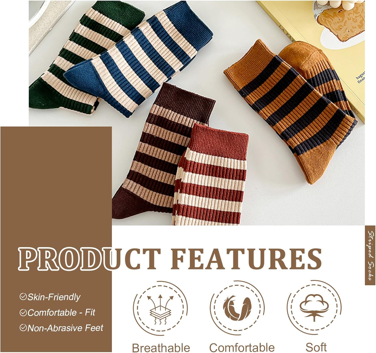 5 Pairs Vintage Style Colorful Striped Socks for Women, Cute Athletic Crew Socks - Image 3