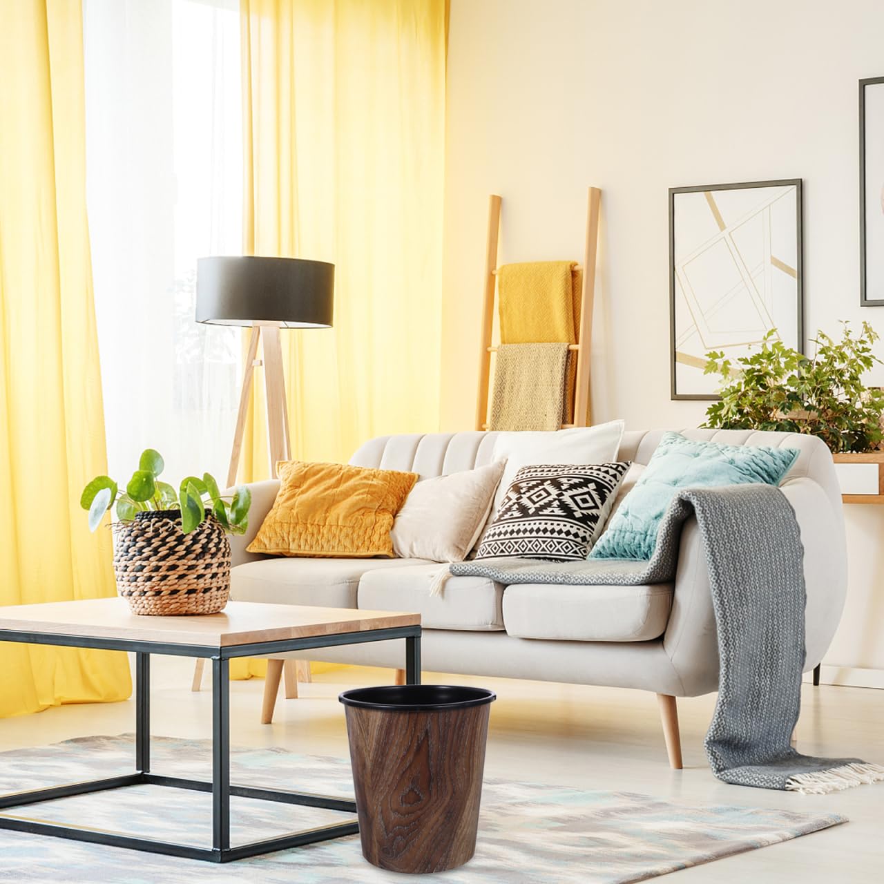 Wood Grain Trash can 1.8 Gallon Plastic Wastebasket Open Top Small Round Garbage Bin for Home Office Bathroom Living Room Imitation Wood Style