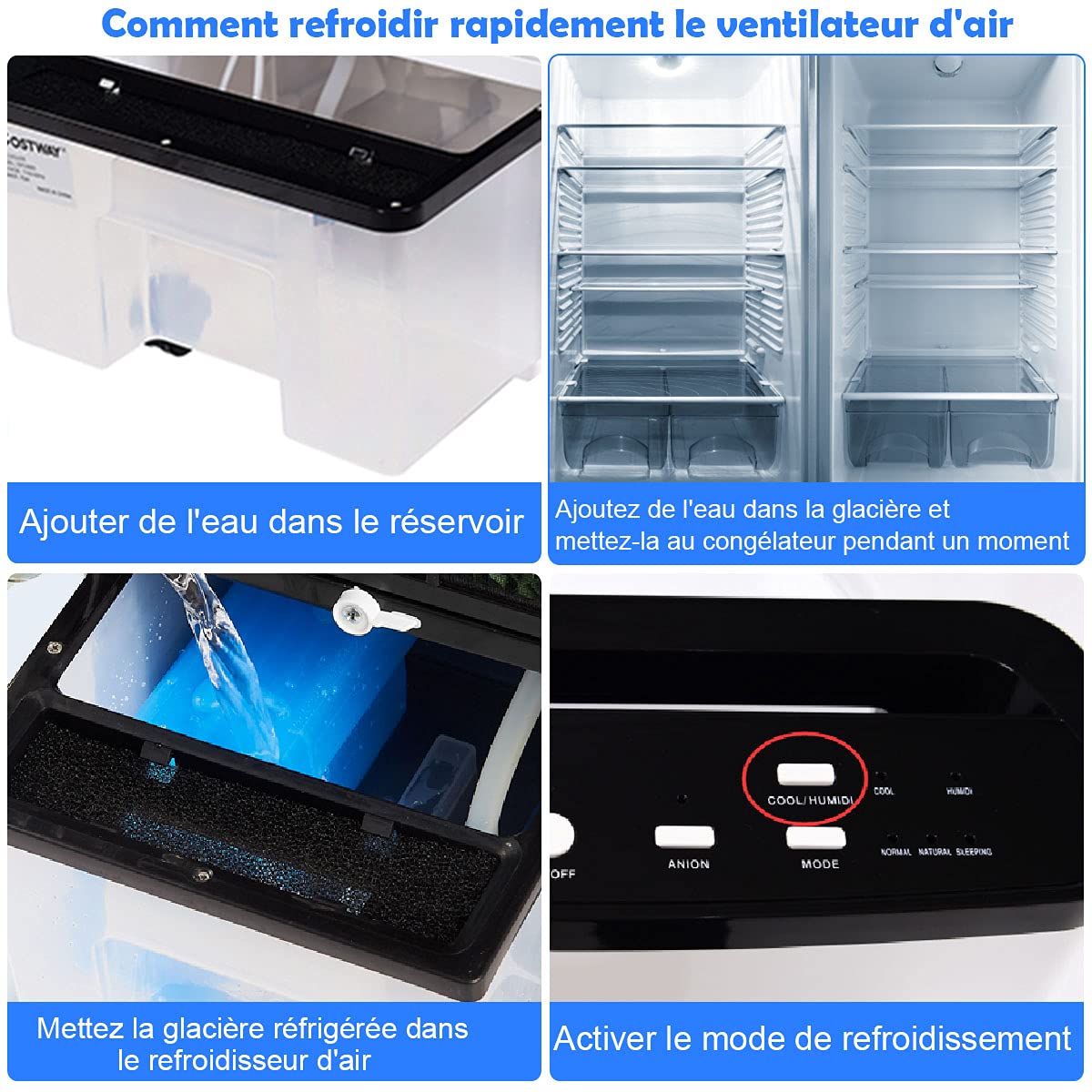 COSTWAY Rafraîchisseur d'Air Silencieux 4 EN 1,Climatiseur Mobile sans Évacuation 8L,Refroidissement,Humidificateur,Auto-Oscillation 70°,Minuterie 8H,2 Pain de Glace,Mini Clim Faible Conso