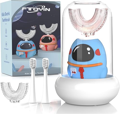 FTOYIN Cepillo de dientes eléctrico para niños, cepillo de dientes en forma de U con 4 cabezales de cepillo, limpieza ultrasónica de 360, 5 modos,