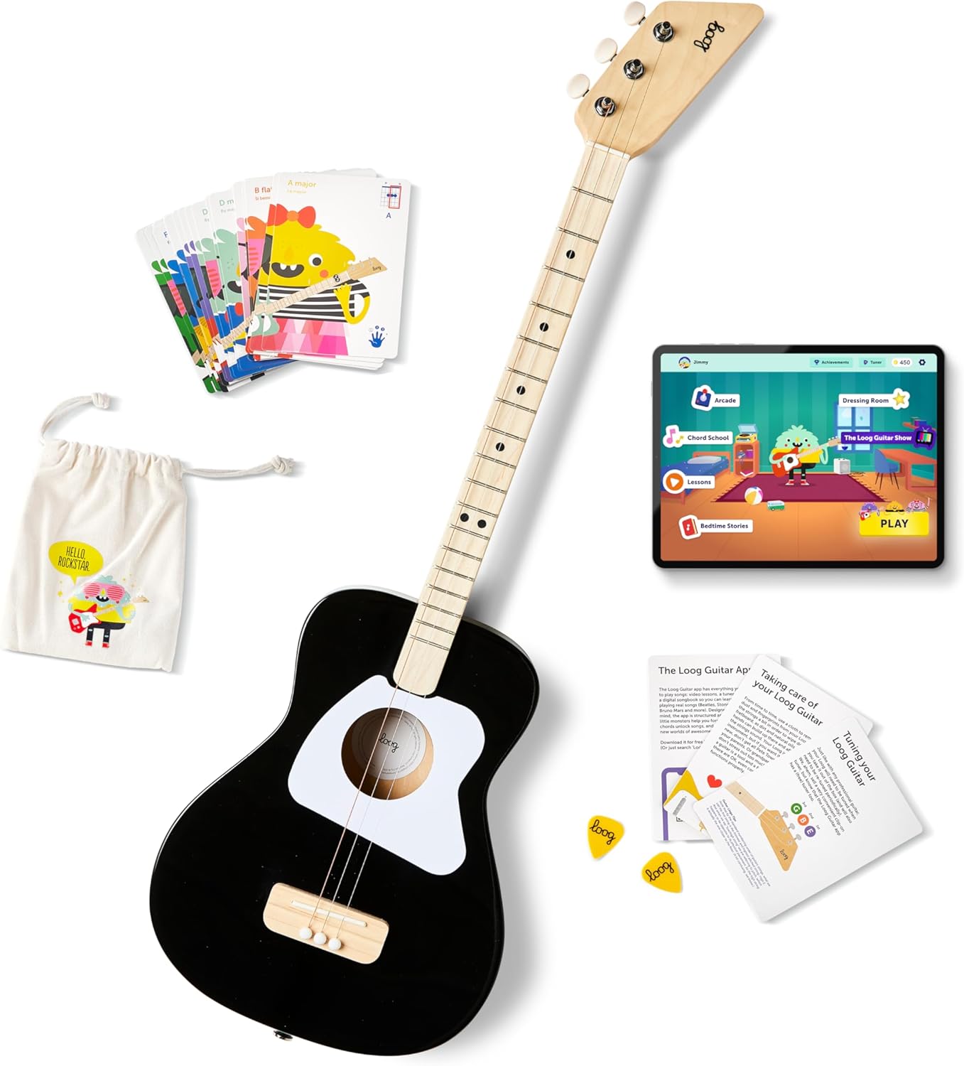 Loog Pro Acoustic kids Guitar 3-strings Ages 6+ Learning App and Lessons Included Black