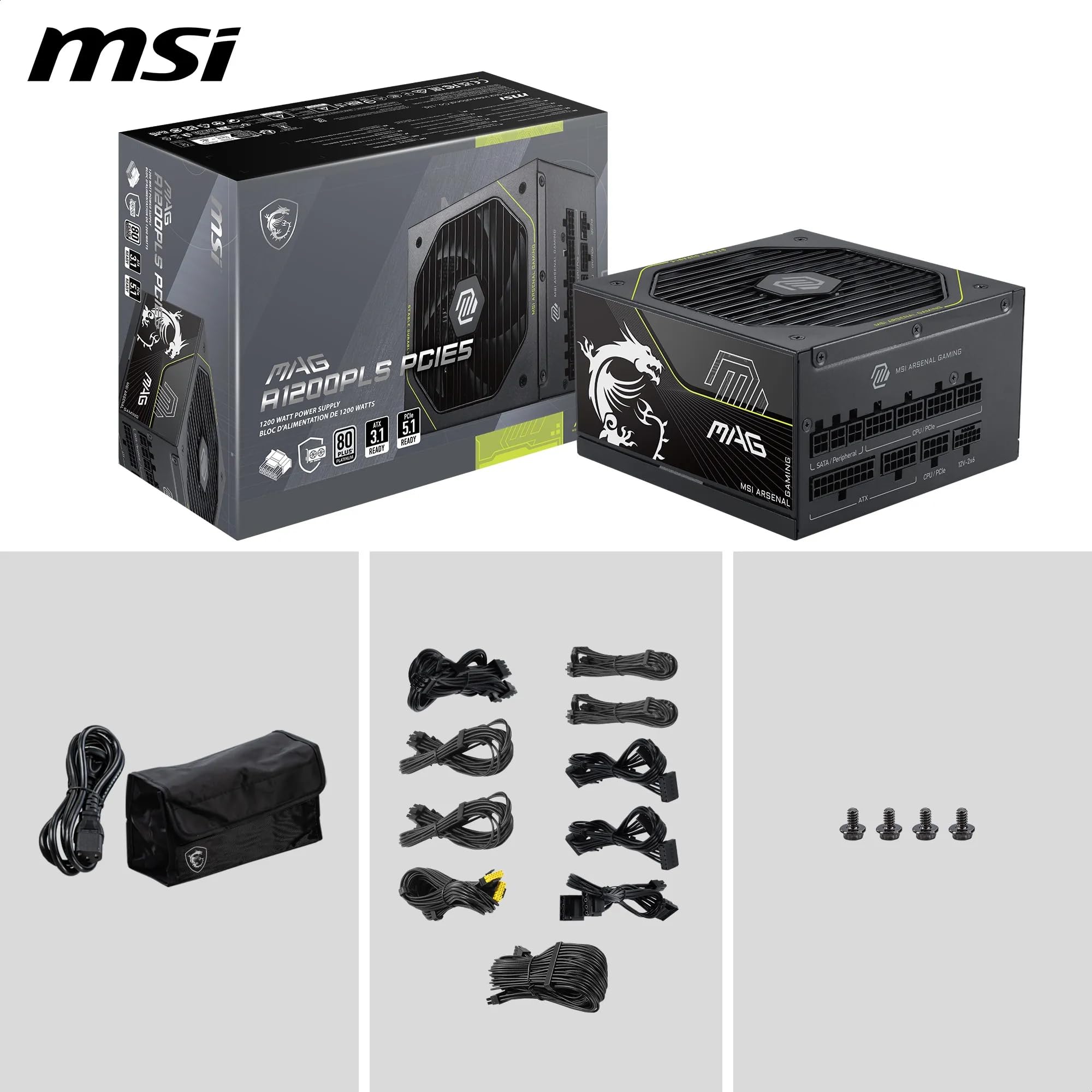MSI MAG A1200PLS PCIE5 Alimentazione PC, 1200W, ATX, 80 Plus Platinum, ATX 3.1, Compatibile PCIe 5.1, Connettore nativo 12V-2x6 Bicolore, Cavi goffrati