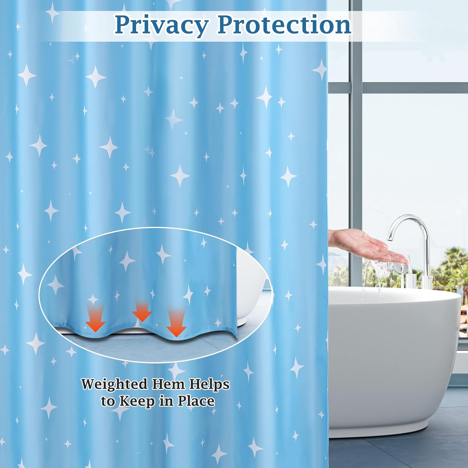 Blue Polyester Cloth Shower Curtain 78.7"x86.6", Machine Washable Weighted Fabric Shower Curtain, Water Repellent Bathroom Curtains Star, Blue Extra Long Bathtub Curtains