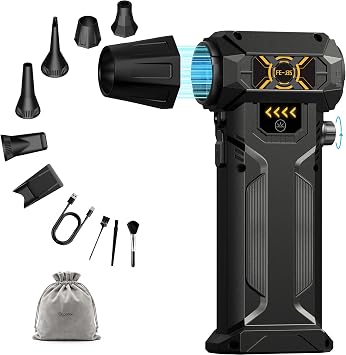 Compressed Air Duster, Electric Air Duster with Upgraded 6 Nozzles, 130000RPM Rechargeable Air Duster, LED Light & Adjustable Speed, Turbo Air Blower for PC, Electronics & Car Cleaning FE-J35