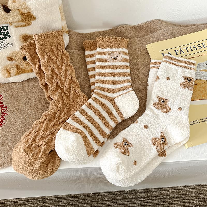 Kelabia 3 Pair Winter Bear Floral Fuzzy Socks, Thick Fluffy Thermal Sleeping Slipper Cute Socks Stocking Fall Clothes Stuff3