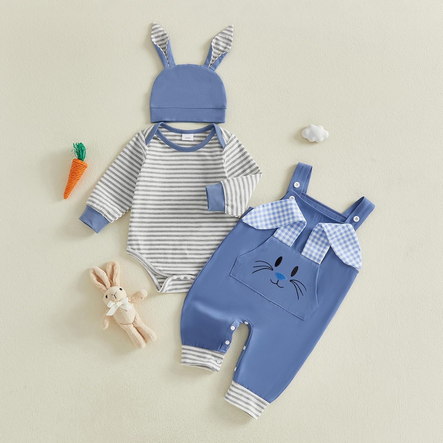 BeQeuewll My First Easter Baby Boy Outfit Infant Stripe Romper Bunny Letter Embroidery Overalls Pants Set Newborn Outfits - Image 5