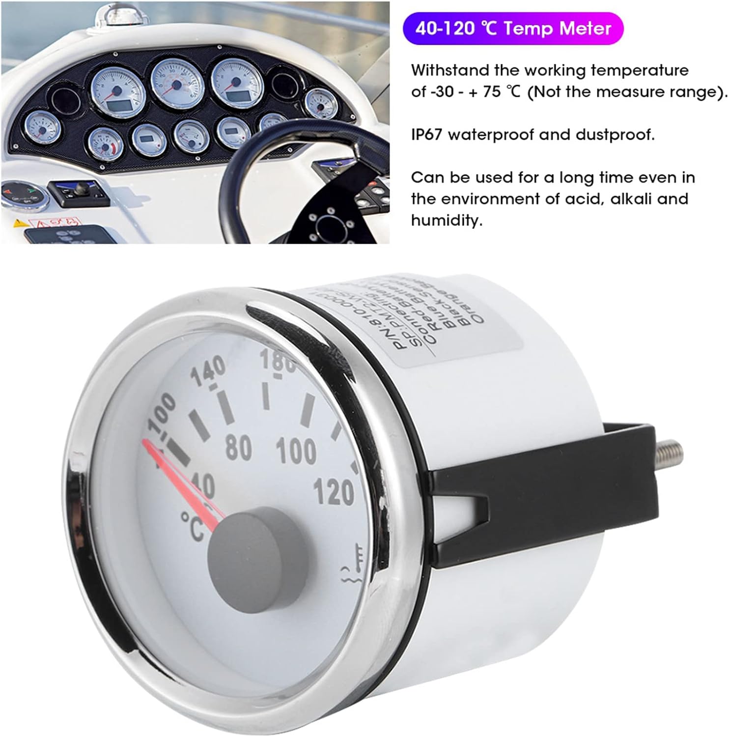 Water Temperature Gauge, 52mm/2in Marine Engine Water Temperature Gauge 40-120 ℃ Indicating Range IP67 Water Temp Meter Instrument Tool for Boat RV Accessory (White)