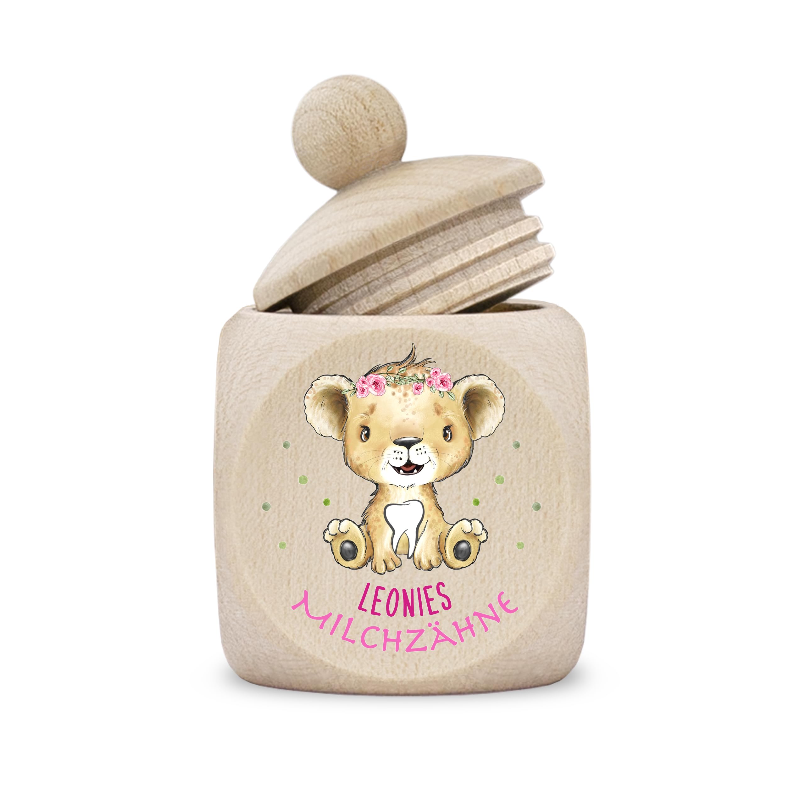 kultdog Zahndose Milchzähne modern Dose Holz personalisiert Druck Name Tier Löwe Koala Fuchs Bär Elefant Wildlife Mädchen