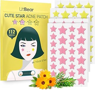 Acne Patch Pimple Patch, LitBear Pink & Yellow Star Shaped Acne Absorbing Cover Patch, Hydrocolloid Acne Patches For Face Zit Patch Acne Dots, Tea Tree Oil + Centella, 112 Patches, 14mm & 10mm
