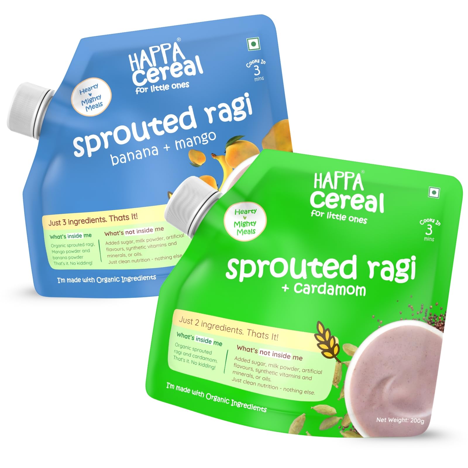 Organic Cereal | Sprouted Ragi + Cardamom and Ragi + Mango + Banana | Calcium Booster - Bone Strength| Organic Khichdi | No Added Salt, Sugar or Milk | No preservatives | Pack of 2