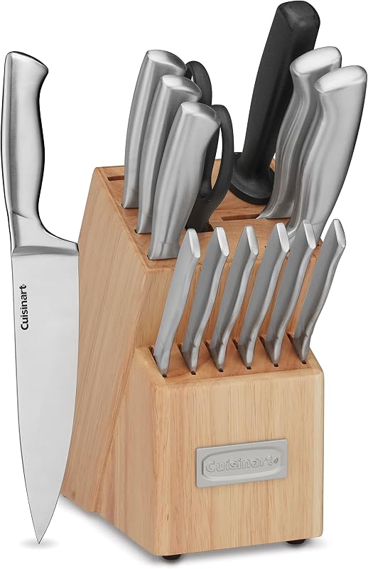Professional Block Knife Set 15pc Cutlery Knife Set with Steel Blades for Precise Cutting, Lightweight, Stainless Steel Durable& Dishwasher Safe, Natural Woodgrain Finish