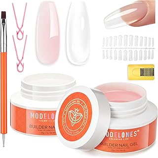 modelones Gel Builder for Nails 2 Colors, 10-in-One Builder Hard Gel Nail Kit Clear Nude with Dual End Brush, Acrylic Clamps, 100PCS Paper Forms for Sculpting Extension Overlays Salon LED Cured