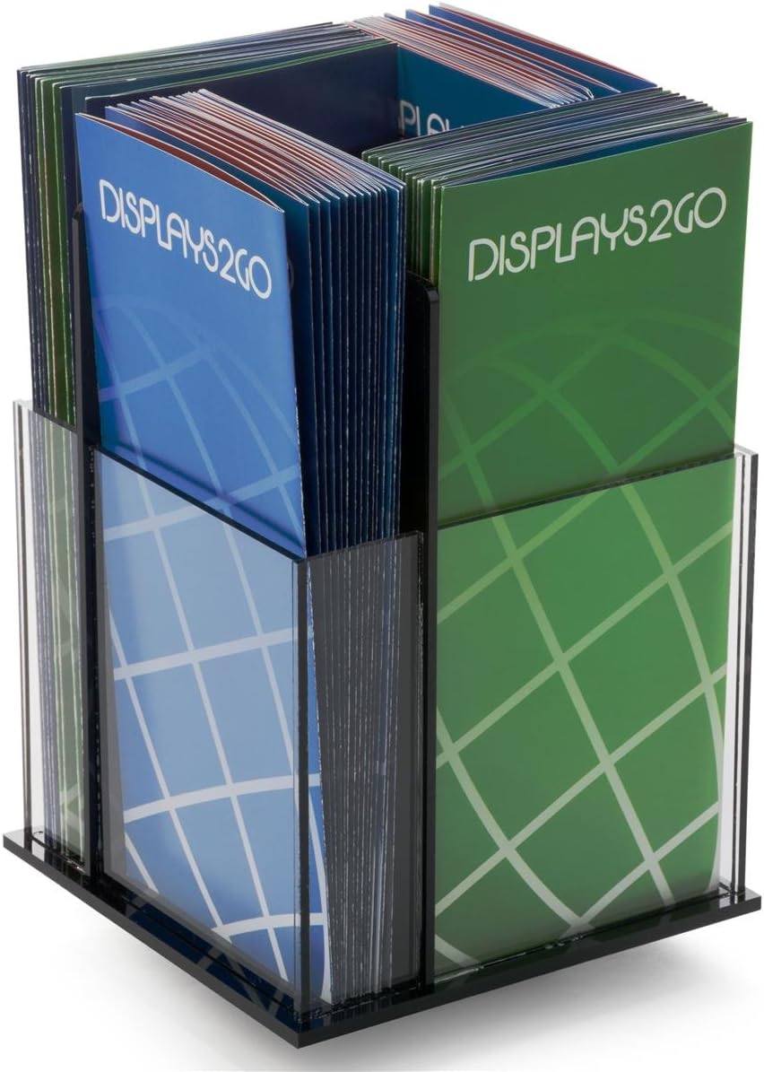Displays2go Rotating Literature Holder with 4 Pockets for 4x9 Brochures, 360 Degree Rotating - Black, Clear Plexiglas